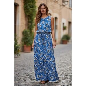 J. Jill Maxi Dress Women L Blue Floral Sleeveless Rayon Spandex Stretch Tassel